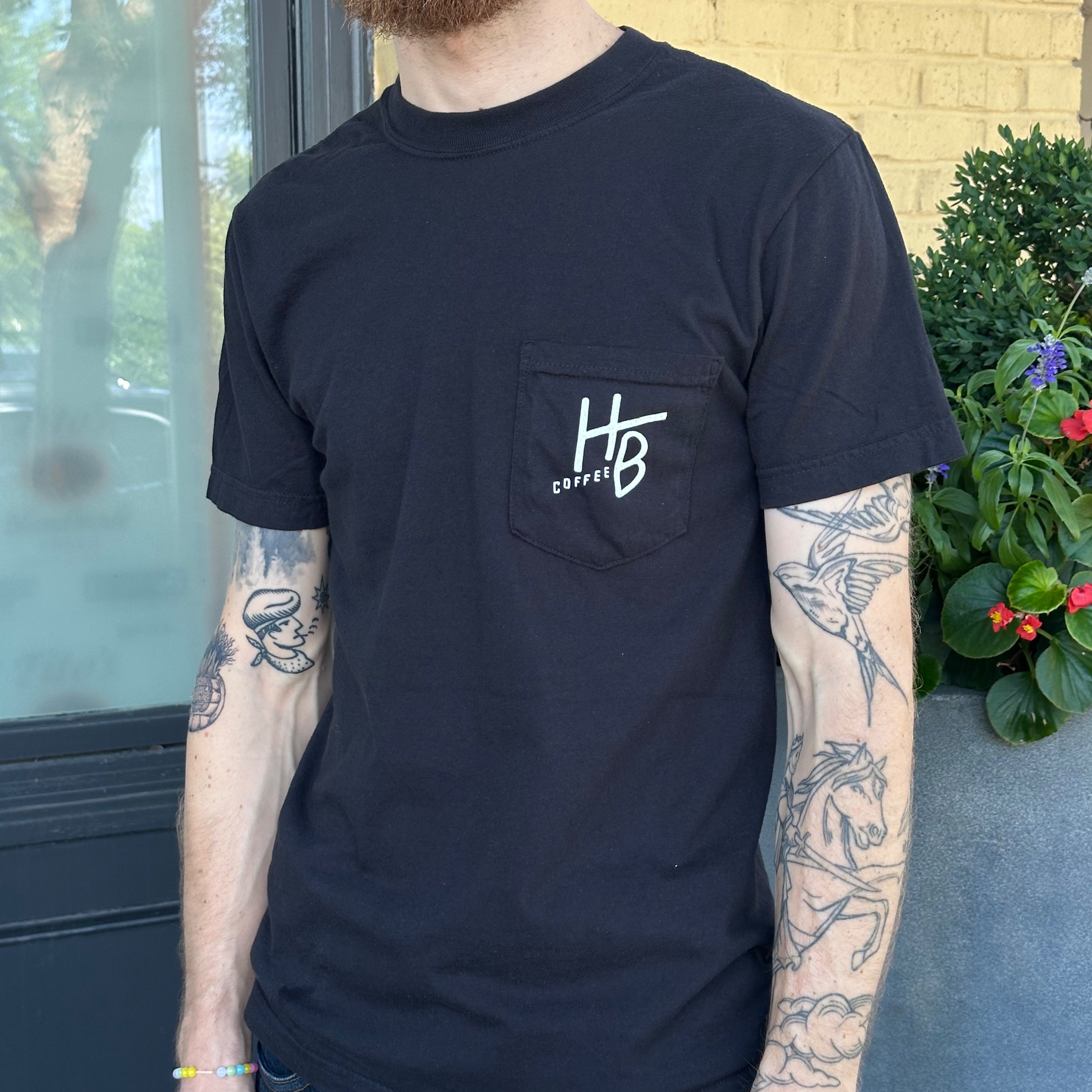 Black Pocket Tee Cream Print