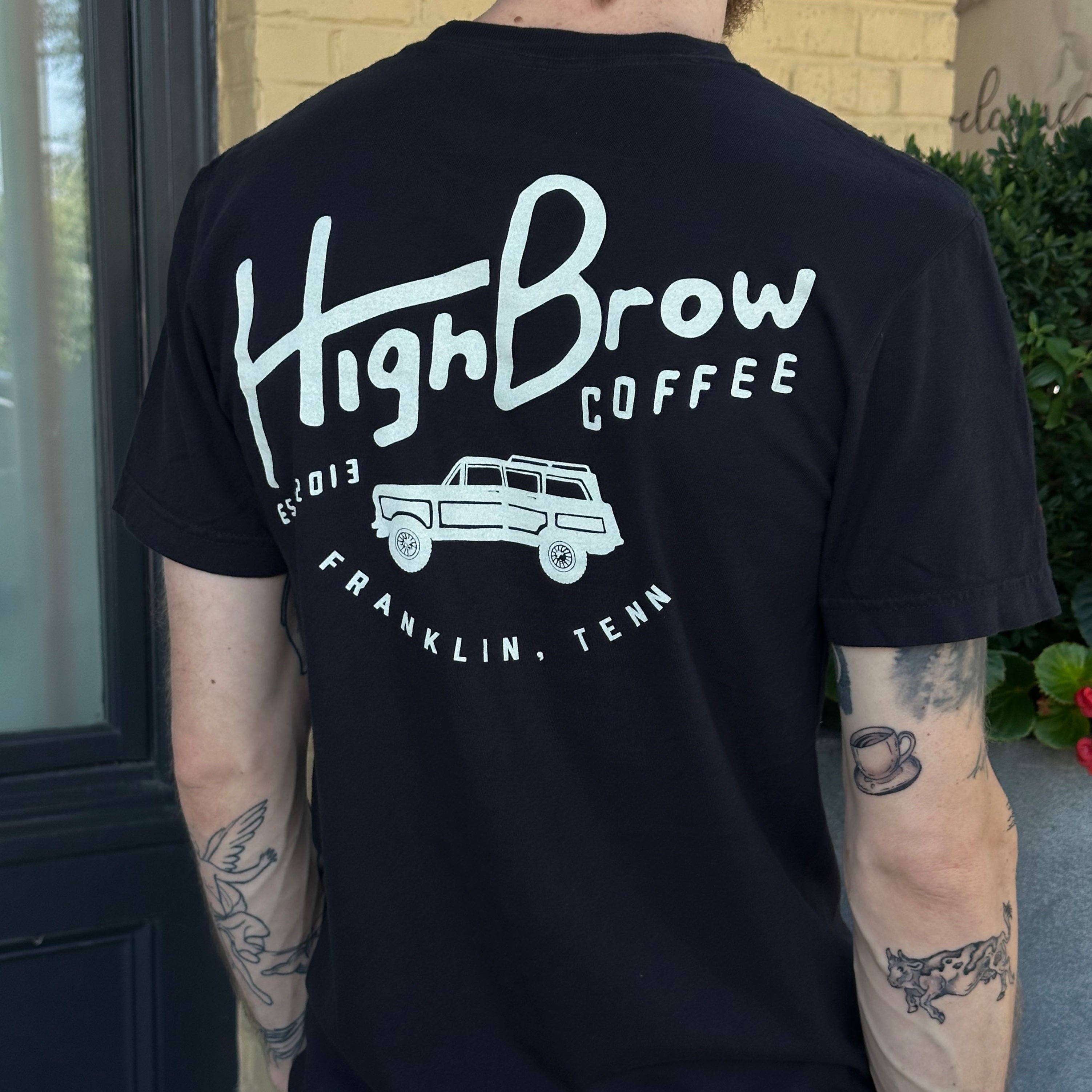 Black Pocket Tee Cream Print